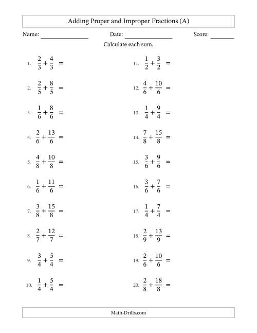 The Adding Proper and Improper Fractions with Equal Denominators, Mixed Fractions Results and All Simplifying (A) Math Worksheet