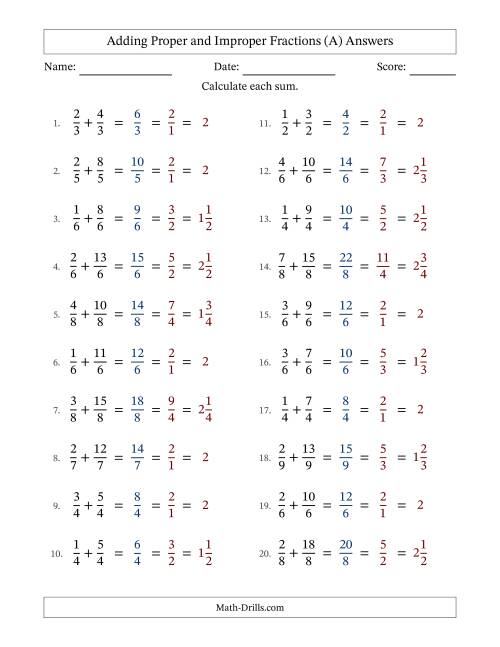The Adding Proper and Improper Fractions with Equal Denominators, Mixed Fractions Results and All Simplifying (A) Math Worksheet Page 2