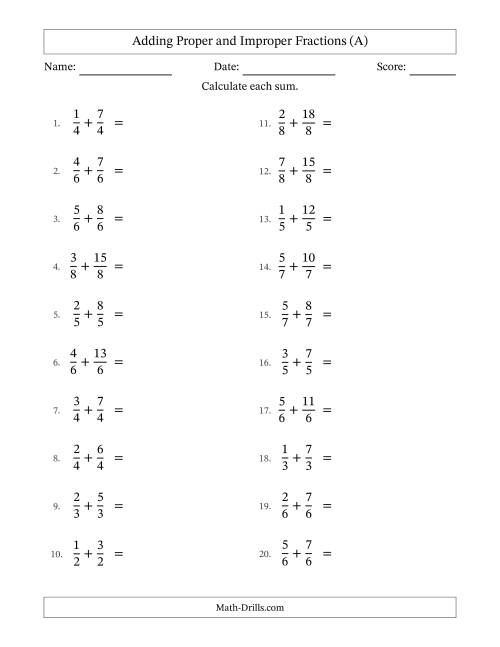 The Adding Proper and Improper Fractions with Equal Denominators, Mixed Fractions Results and Some Simplifying (A) Math Worksheet