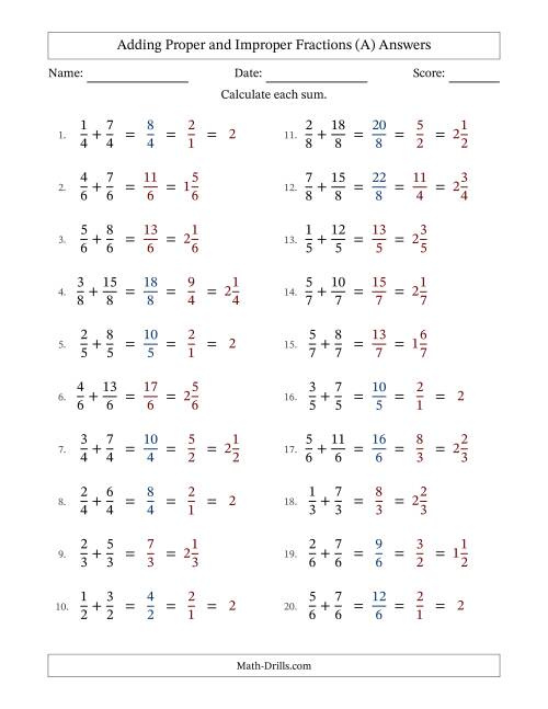 The Adding Proper and Improper Fractions with Equal Denominators, Mixed Fractions Results and Some Simplifying (A) Math Worksheet Page 2