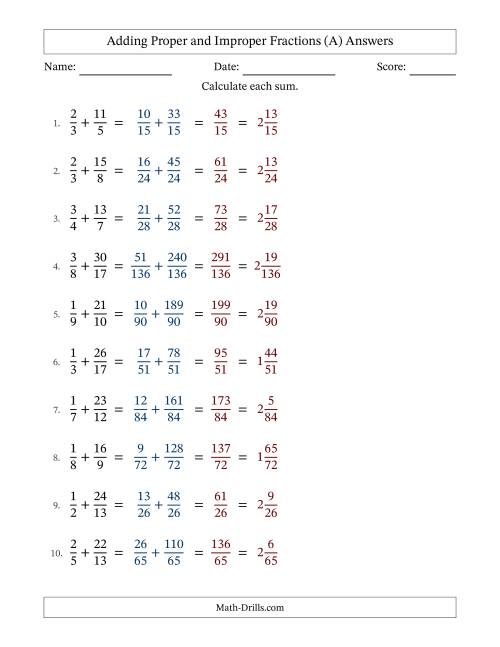 The Adding Proper and Improper Fractions with Unlike Denominators, Mixed Fractions Results and No Simplifying (A) Math Worksheet Page 2