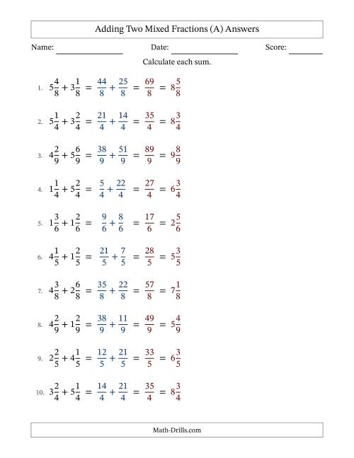 The Adding Two Mixed Fractions with Equal Denominators, Mixed Fractions Results and No Simplifying (A) Math Worksheet Page 2