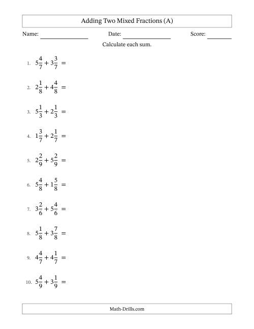 The Adding Two Mixed Fractions with Equal Denominators, Mixed Fractions Results and Some Simplifying (A) Math Worksheet
