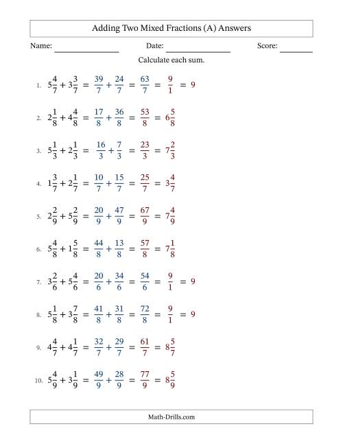 The Adding Two Mixed Fractions with Equal Denominators, Mixed Fractions Results and Some Simplifying (A) Math Worksheet Page 2