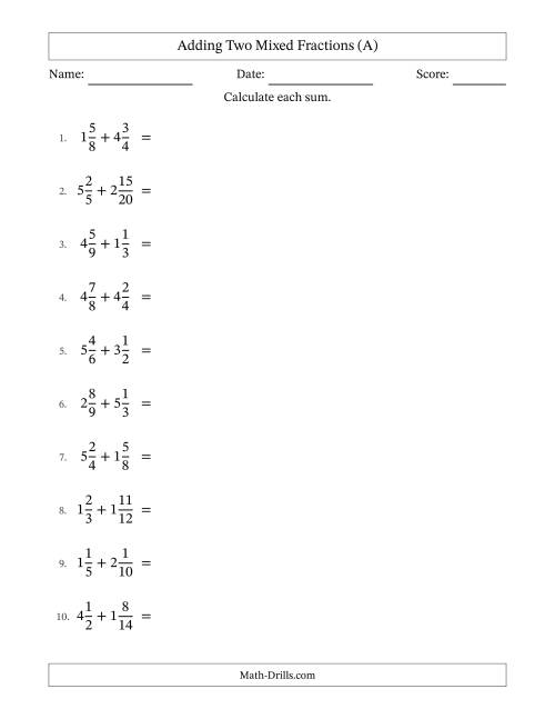 The Adding Two Mixed Fractions with Similar Denominators, Mixed Fractions Results and No Simplifying (A) Math Worksheet