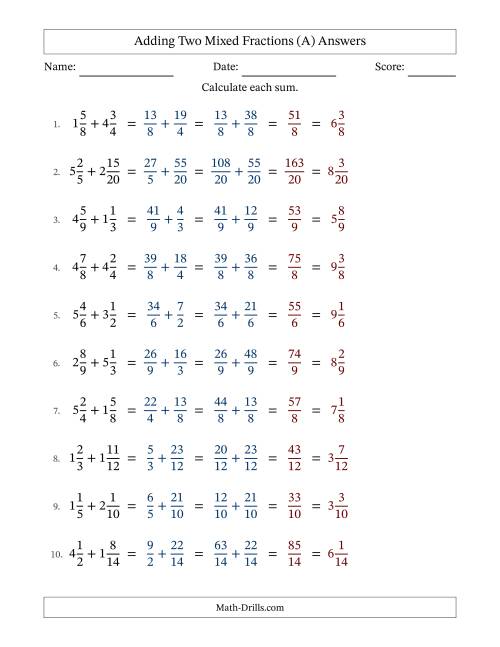The Adding Two Mixed Fractions with Similar Denominators, Mixed Fractions Results and No Simplifying (A) Math Worksheet Page 2