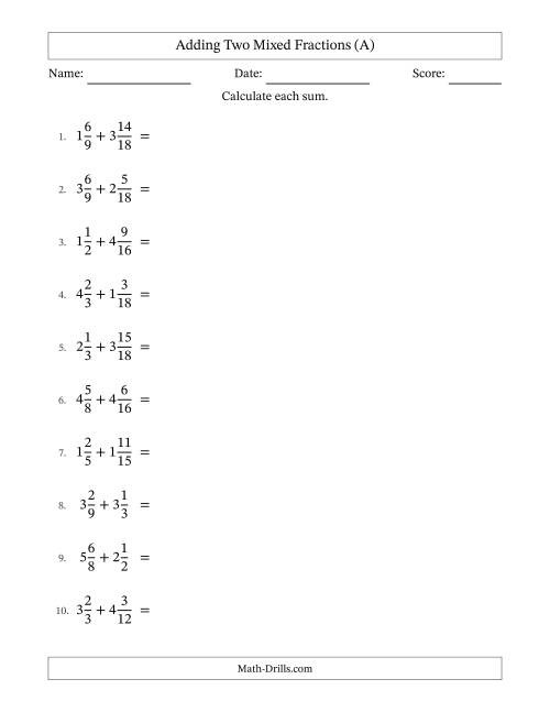 The Adding Two Mixed Fractions with Similar Denominators, Mixed Fractions Results and Some Simplifying (A) Math Worksheet