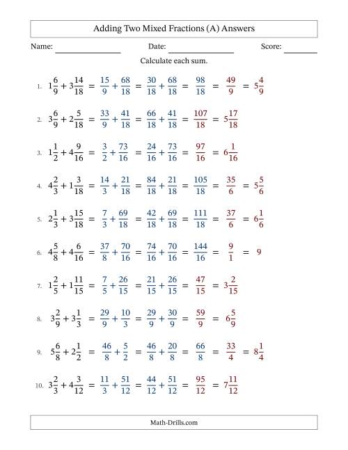 The Adding Two Mixed Fractions with Similar Denominators, Mixed Fractions Results and Some Simplifying (A) Math Worksheet Page 2