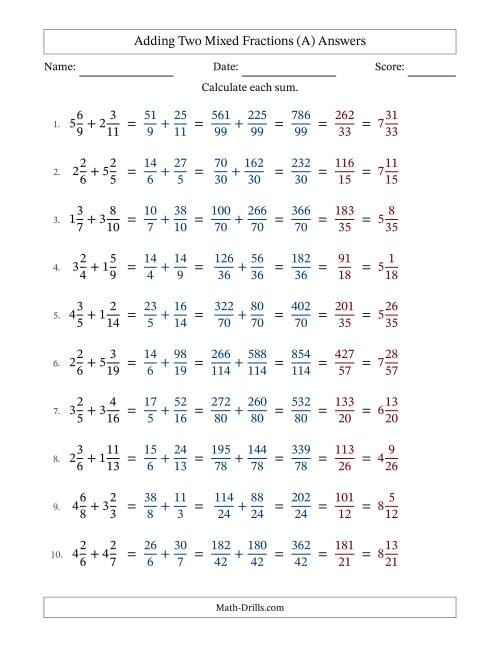 The Adding Two Mixed Fractions with Unlike Denominators, Mixed Fractions Results and All Simplifying (A) Math Worksheet Page 2