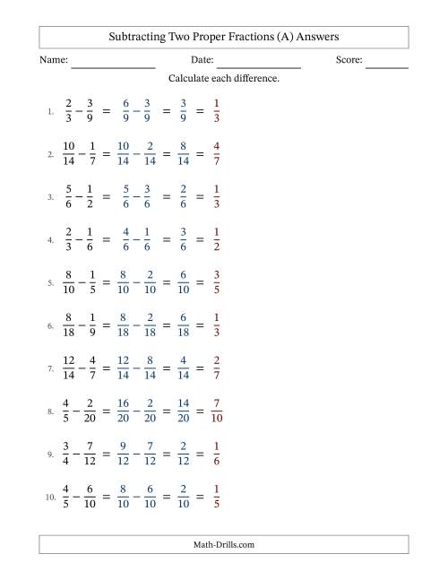The Subtracting Two Proper Fractions with Similar Denominators, Proper Fractions Results and All Simplifying (A) Math Worksheet Page 2