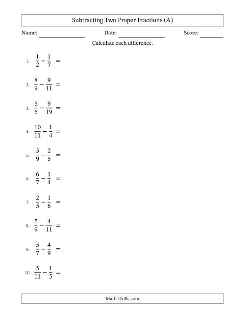 The Subtracting Two Proper Fractions with Unlike Denominators, Proper Fractions Results and No Simplifying (A) Math Worksheet