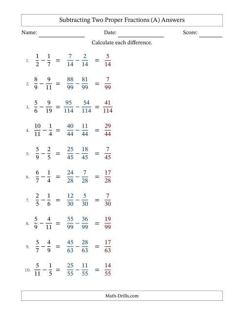 The Subtracting Two Proper Fractions with Unlike Denominators, Proper Fractions Results and No Simplifying (A) Math Worksheet Page 2