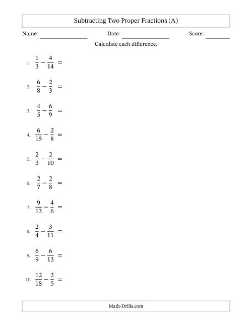 The Subtracting Two Proper Fractions with Unlike Denominators, Proper Fractions Results and All Simplifying (A) Math Worksheet