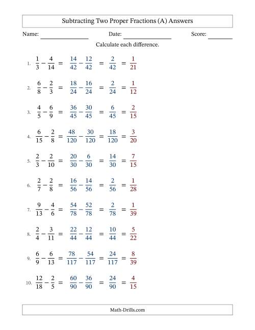The Subtracting Two Proper Fractions with Unlike Denominators, Proper Fractions Results and All Simplifying (A) Math Worksheet Page 2