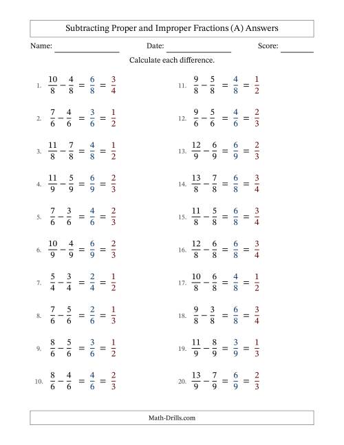 The Subtracting Proper and Improper Fractions with Equal Denominators, Proper Fractions Results and All Simplifying (A) Math Worksheet Page 2