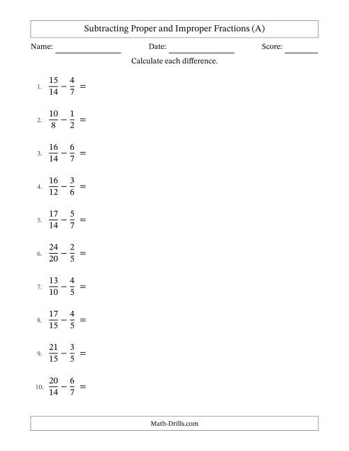 The Subtracting Proper and Improper Fractions with Similar Denominators, Proper Fractions Results and All Simplifying (A) Math Worksheet