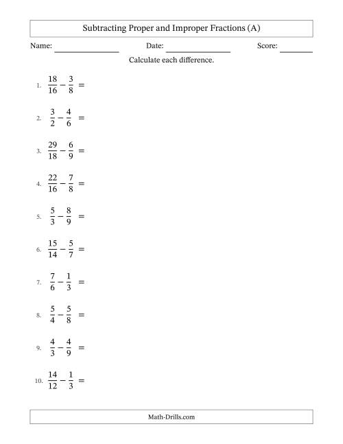The Subtracting Proper and Improper Fractions with Similar Denominators, Proper Fractions Results and Some Simplifying (A) Math Worksheet