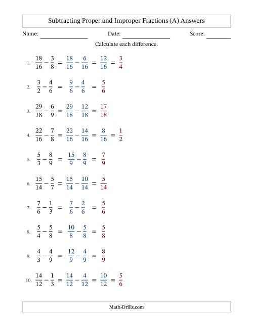 The Subtracting Proper and Improper Fractions with Similar Denominators, Proper Fractions Results and Some Simplifying (A) Math Worksheet Page 2