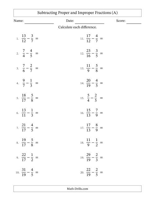 The Subtracting Proper and Improper Fractions with Unlike Denominators, Proper Fractions Results and No Simplifying (A) Math Worksheet