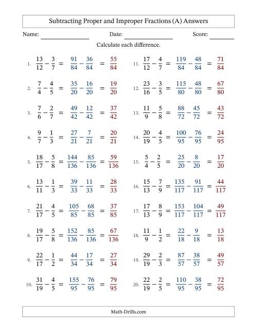 The Subtracting Proper and Improper Fractions with Unlike Denominators, Proper Fractions Results and No Simplifying (A) Math Worksheet Page 2