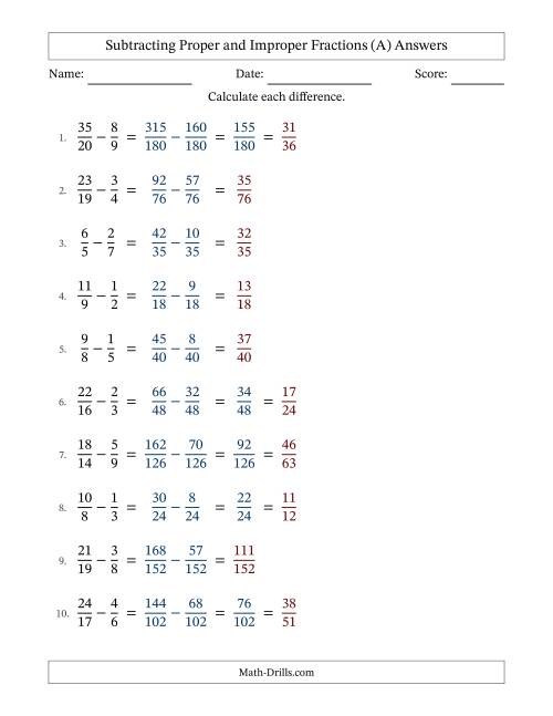 The Subtracting Proper and Improper Fractions with Unlike Denominators, Proper Fractions Results and Some Simplifying (A) Math Worksheet Page 2