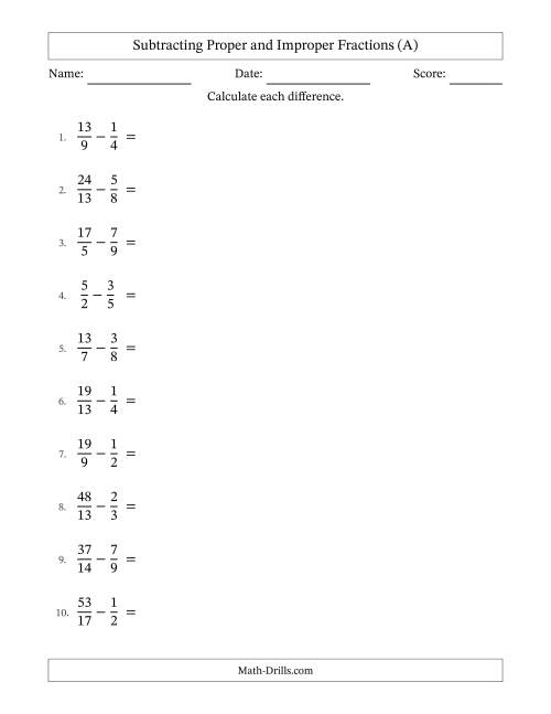 The Subtracting Proper and Improper Fractions with Unlike Denominators, Mixed Fractions Results and No Simplifying (A) Math Worksheet