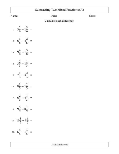 The Subtracting Two Mixed Fractions with Equal Denominators, Mixed Fractions Results and No Simplifying (A) Math Worksheet