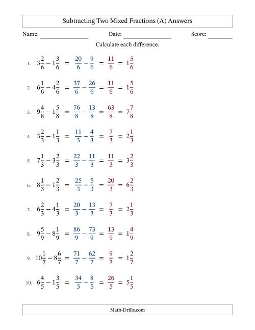 The Subtracting Two Mixed Fractions with Equal Denominators, Mixed Fractions Results and No Simplifying (A) Math Worksheet Page 2