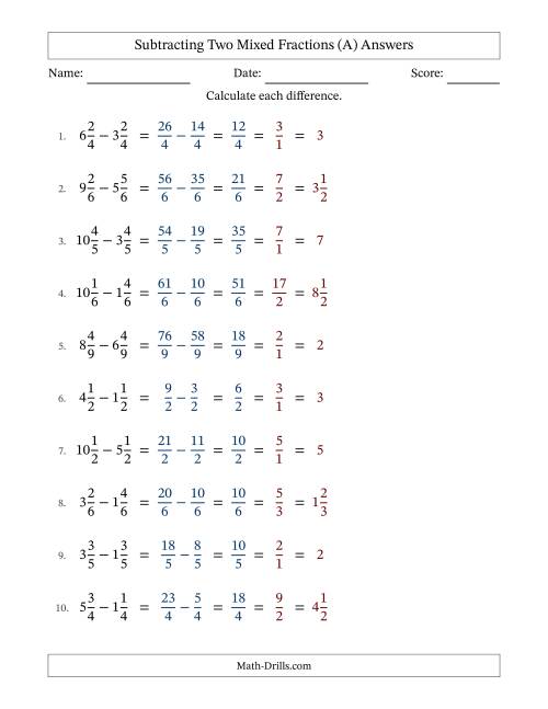 The Subtracting Two Mixed Fractions with Equal Denominators, Mixed Fractions Results and All Simplifying (A) Math Worksheet Page 2
