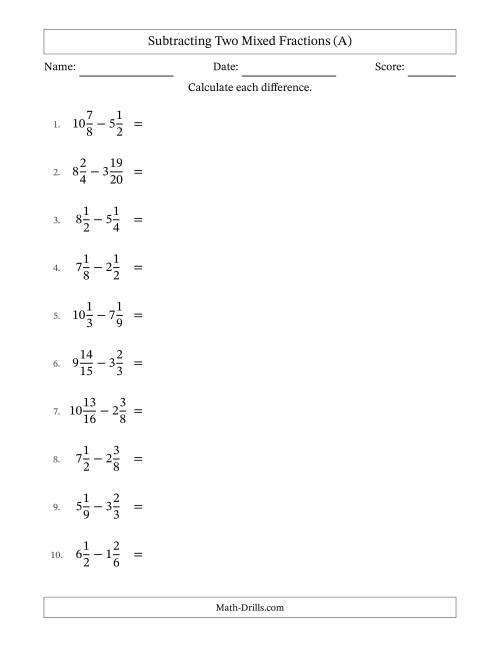The Subtracting Two Mixed Fractions with Similar Denominators, Mixed Fractions Results and No Simplifying (A) Math Worksheet