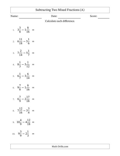 The Subtracting Two Mixed Fractions with Similar Denominators, Mixed Fractions Results and All Simplifying (A) Math Worksheet