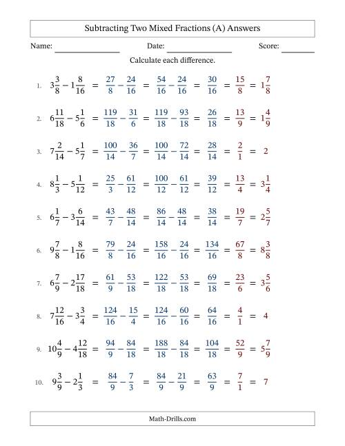 The Subtracting Two Mixed Fractions with Similar Denominators, Mixed Fractions Results and All Simplifying (A) Math Worksheet Page 2