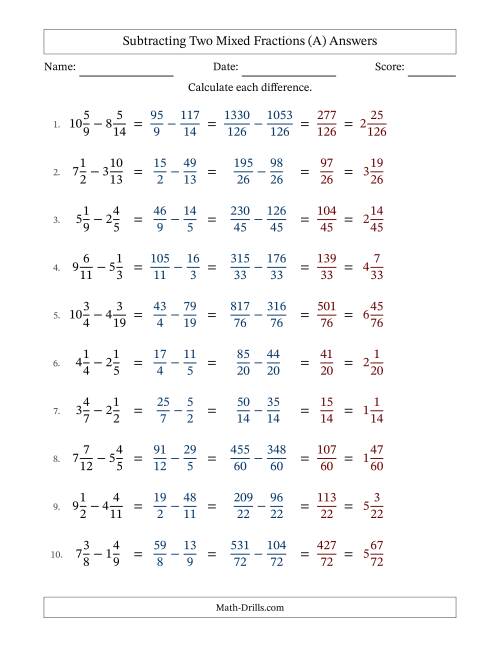 The Subtracting Two Mixed Fractions with Unlike Denominators, Mixed Fractions Results and No Simplifying (A) Math Worksheet Page 2