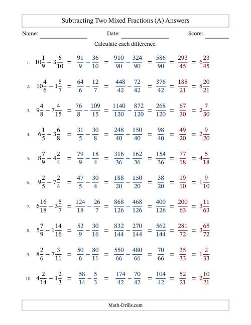 The Subtracting Two Mixed Fractions with Unlike Denominators, Mixed Fractions Results and All Simplifying (A) Math Worksheet Page 2