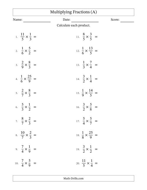 The Multiplying Proper and Improper Fractions with No Simplification (A) Math Worksheet
