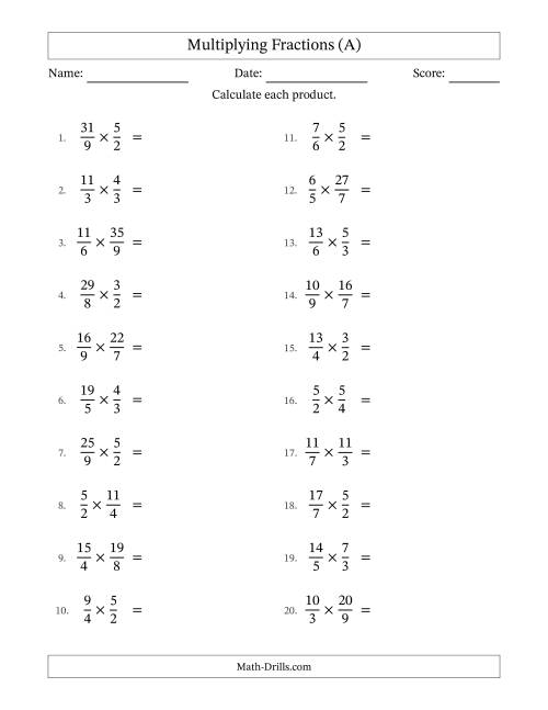 The Multiplying Two Improper Fractions with No Simplification (A) Math Worksheet