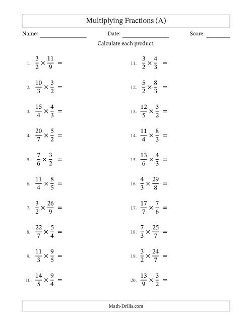 The Multiplying Two Improper Fractions with All Simplification (A) Math Worksheet