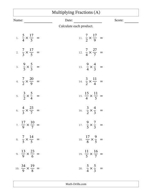 The Multiplying Two Improper Fractions with Some Simplification (A) Math Worksheet