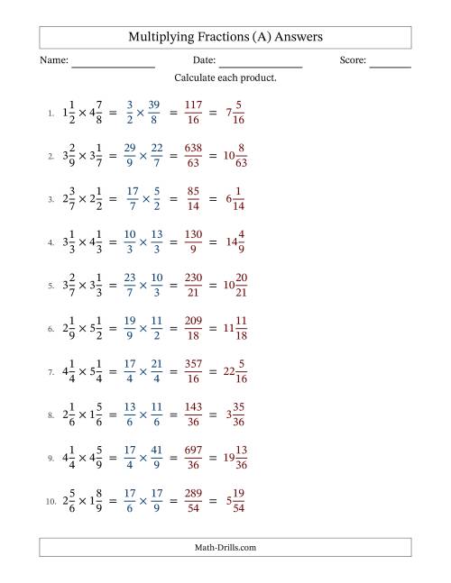 The Multiplying Two Mixed Fractions with No Simplification (A) Math Worksheet Page 2