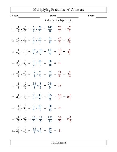 The Multiplying Two Mixed Fractions with All Simplification (A) Math Worksheet Page 2