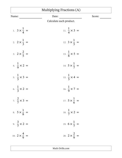 The Multiplying Proper Fractions by Whole Numbers with No Simplification (A) Math Worksheet