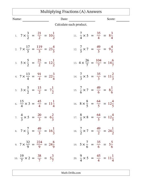 The Multiplying Improper Fractions by Whole Numbers with No Simplification (A) Math Worksheet Page 2