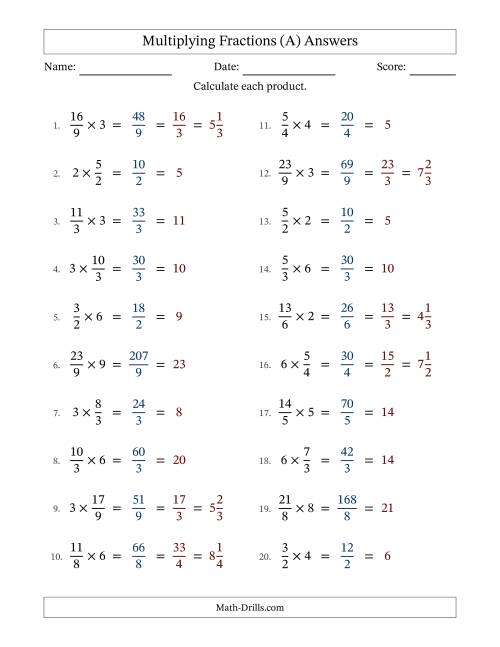 The Multiplying Improper Fractions by Whole Numbers with All Simplification (A) Math Worksheet Page 2