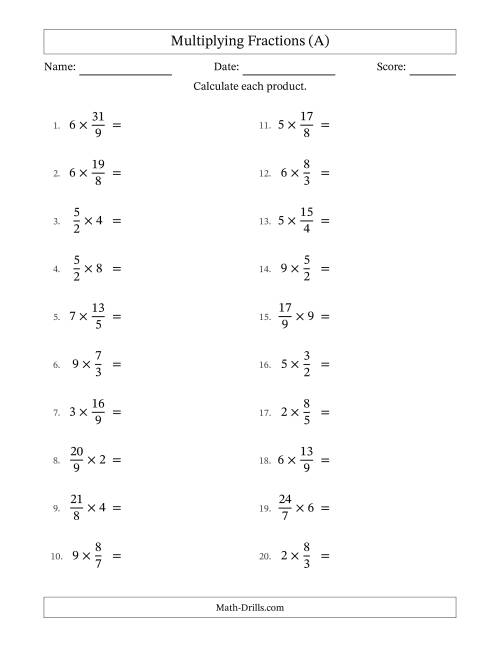 The Multiplying Improper Fractions by Whole Numbers with Some Simplification (A) Math Worksheet