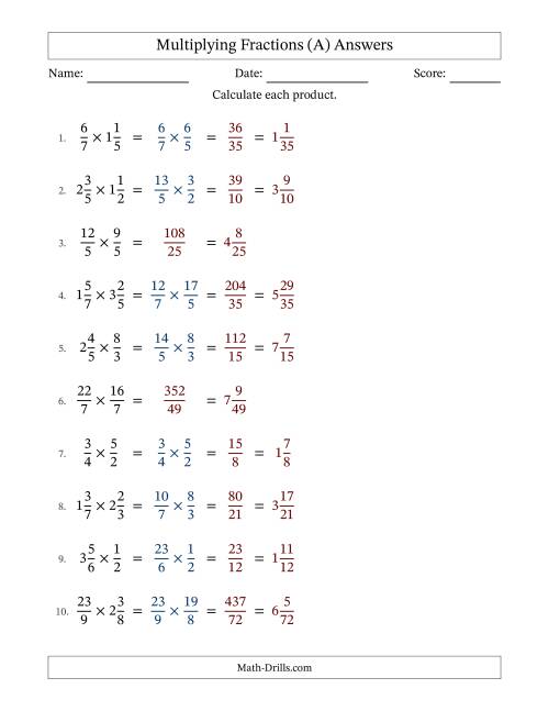 The Multiplying Proper, Improper and Mixed Fractions with No Simplification (A) Math Worksheet Page 2