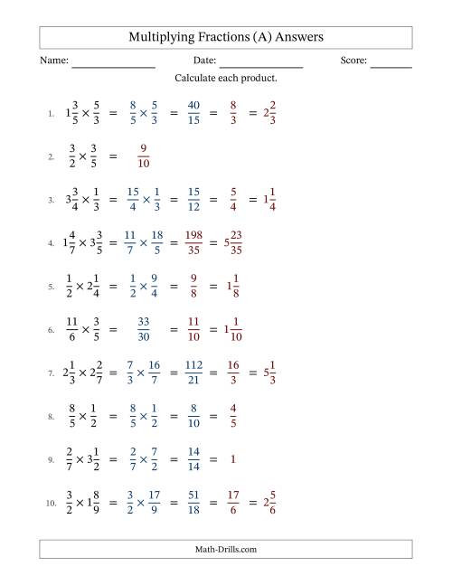 The Multiplying Proper, Improper and Mixed Fractions with Some Simplification (A) Math Worksheet Page 2