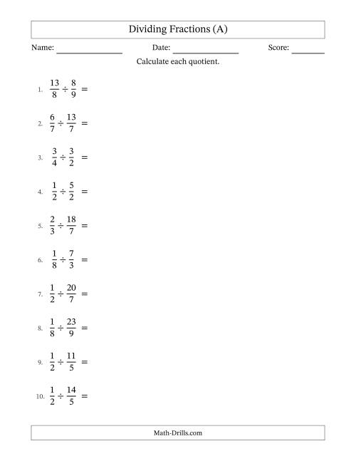 The Dividing Proper and Improper Fractions with Some Simplification (A) Math Worksheet