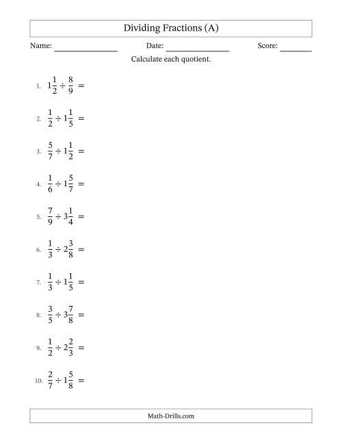 The Dividing Proper and Mixed Fractions with No Simplification (A) Math Worksheet