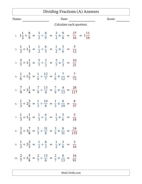 The Dividing Proper and Mixed Fractions with No Simplification (A) Math Worksheet Page 2