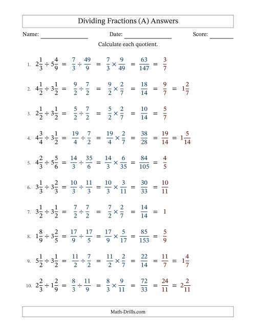 The Dividing Two Mixed Fractions with All Simplification (A) Math Worksheet Page 2